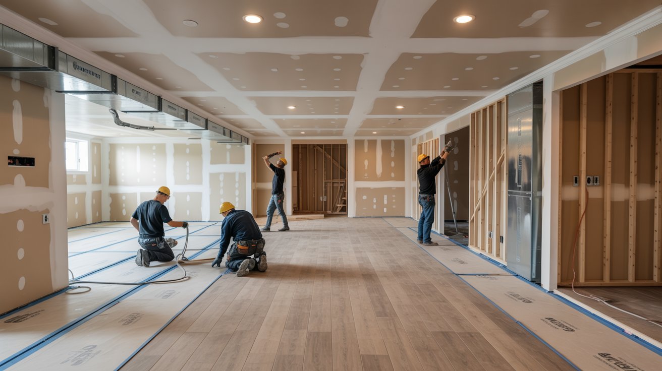 Complete basement renovation featuring waterproofing, electrical upgrades, HVAC installation, framing, flooring, and finished living space.