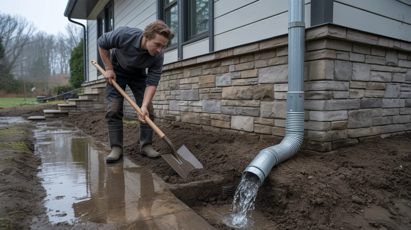 Homeowner improving exterior drainage around foundation with gutter cleaning and downspout extensions for basement waterproofing.