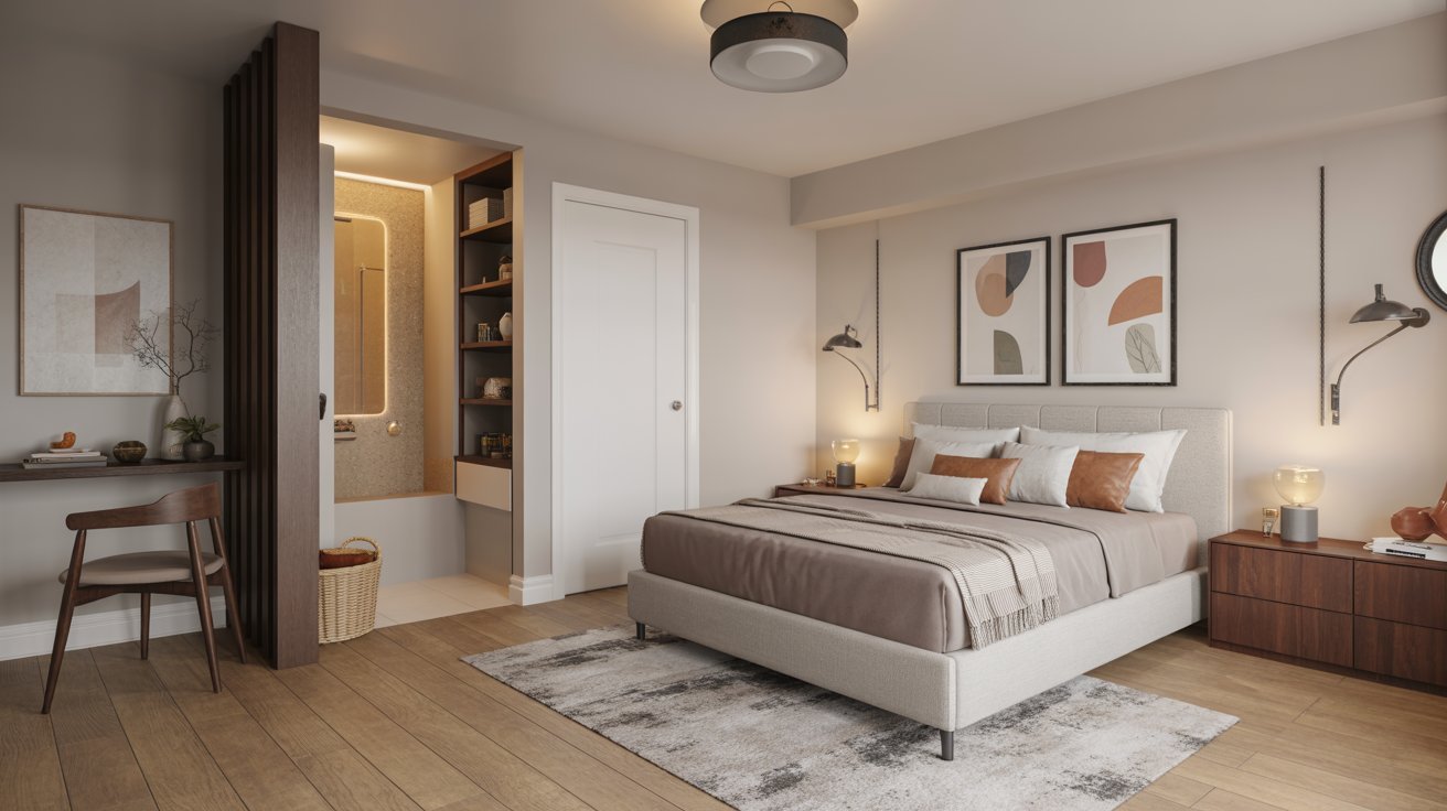 Comfortable basement guest suite with cozy bed, private bathroom, and warm inviting modern decor