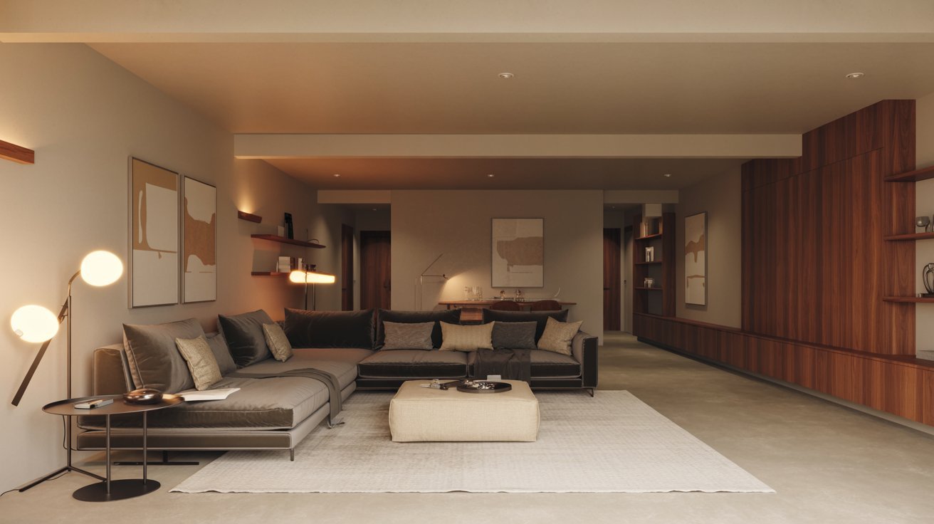 Modern open-concept basement living room with cozy seating, warm lighting, neutral decor, and spacious stylish layout.