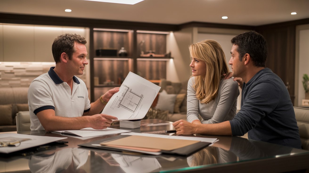 Basement contractor consulting homeowners inside modern renovated basement with plans, permits, and remodeling discussions.