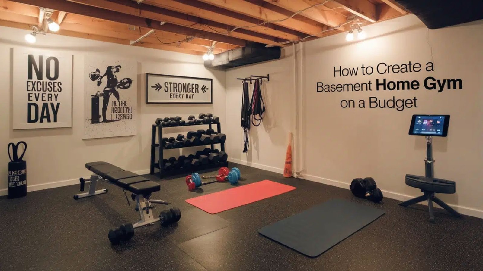 Budget basement home gym with dumbbells, bench, yoga mats and motivational wall art for fitness.