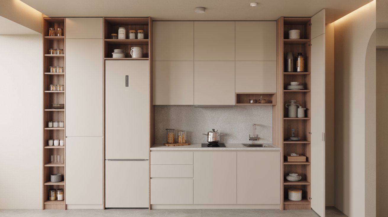 Sleek modern basement kitchenette with handleless beige cabinets and integrated shelving.