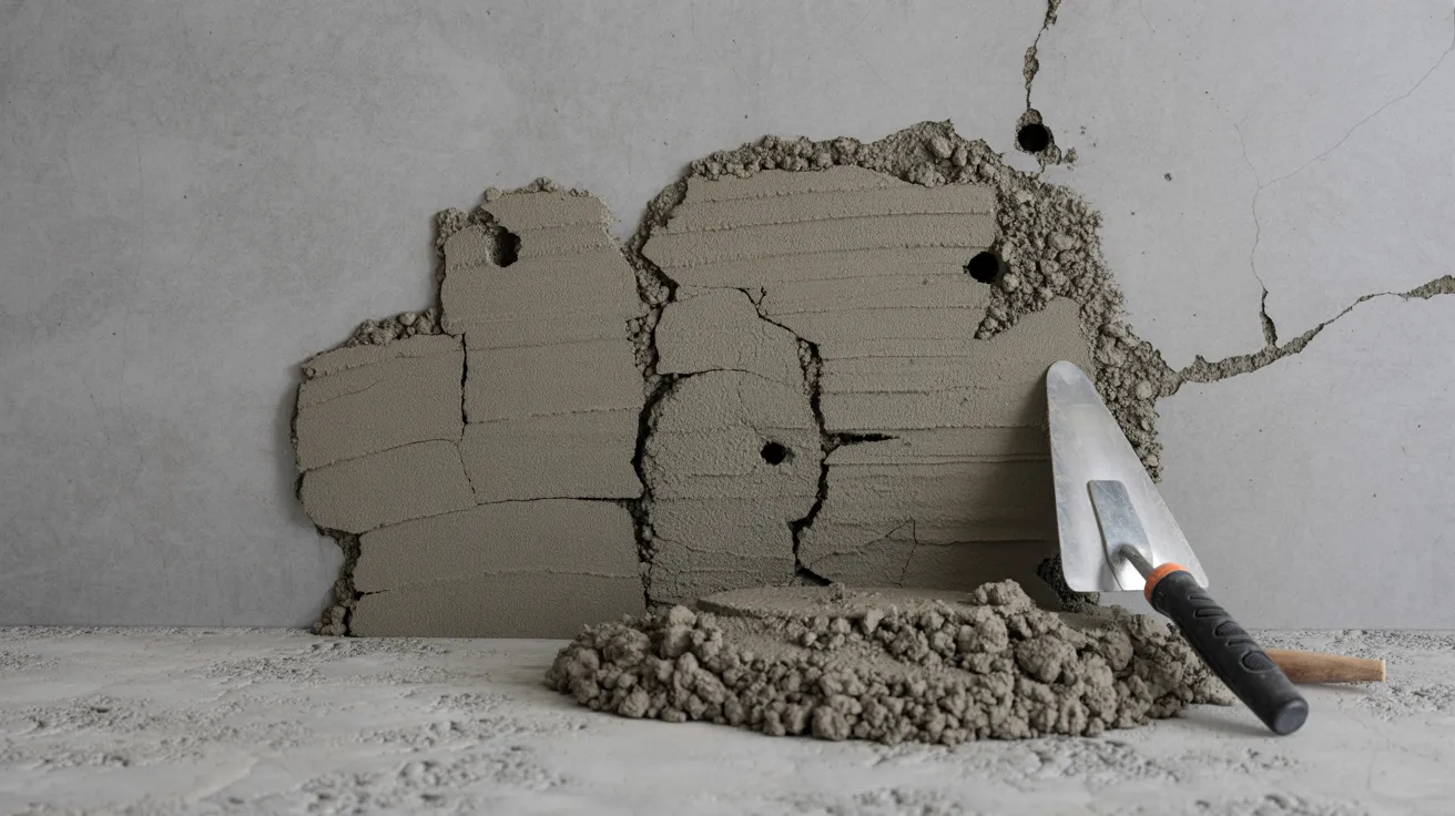 Concrete repair compound patching holes in a basement wall.