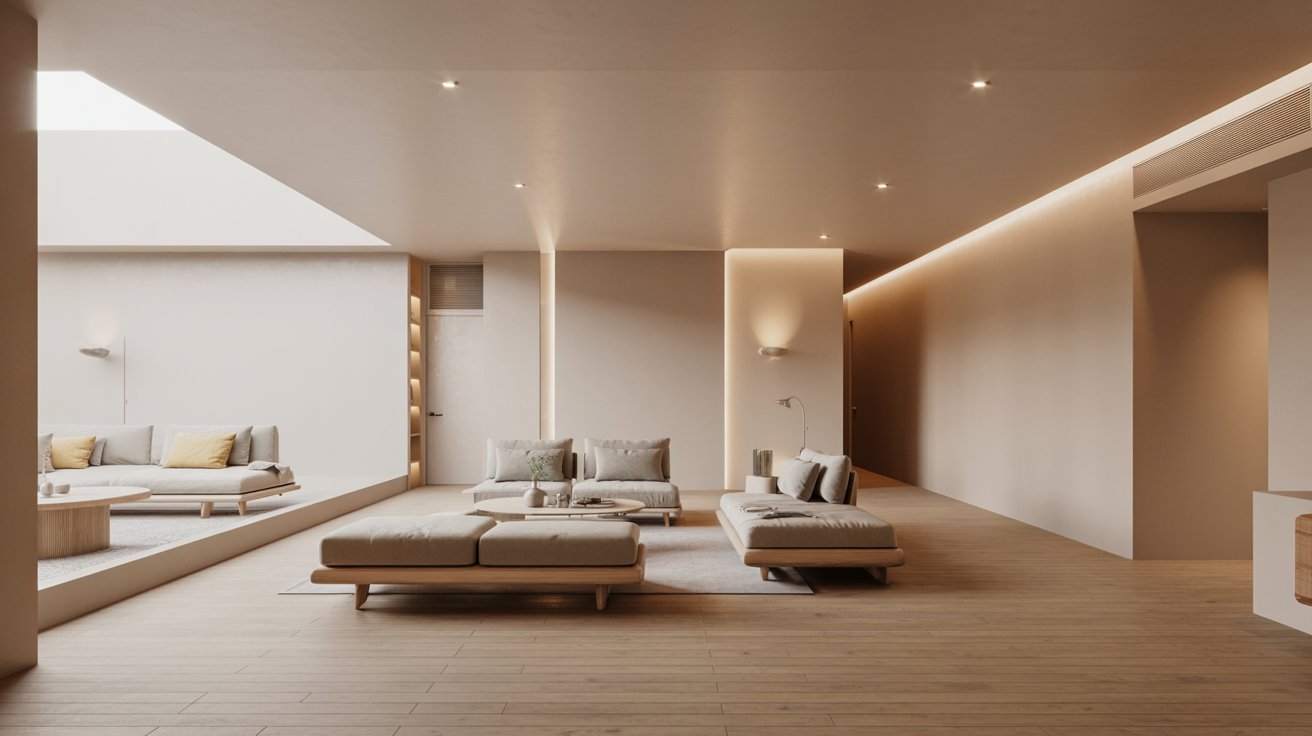 "Scandinavian style low ceiling basement with low profile furniture, bright minimalist design, and lighting that enhances the feeling of height and space"