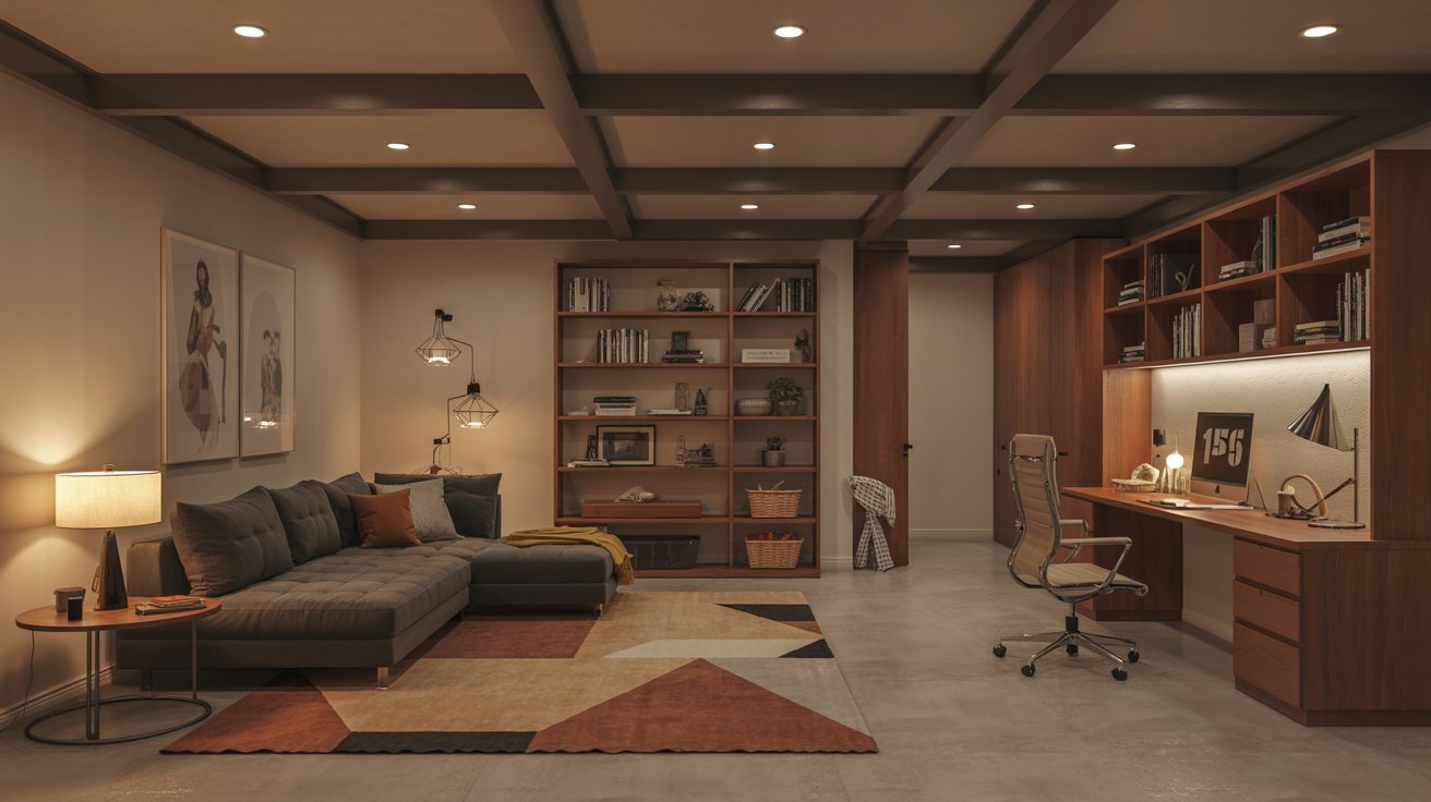 Multi-purpose basement featuring flexible zones, stylish storage, cozy seating, and functional modern family design.