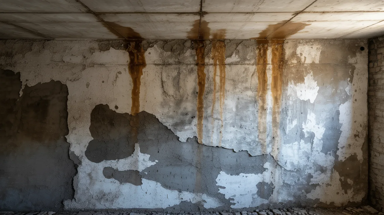 Basement wall with damp areas, mineral deposits, and water stains from moisture intrusion.