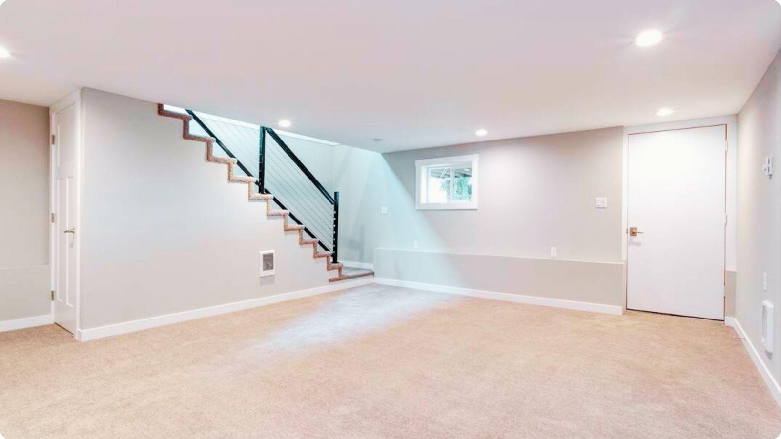 Finished basement with carpet, painted drywall, and modern staircase with cable railing.