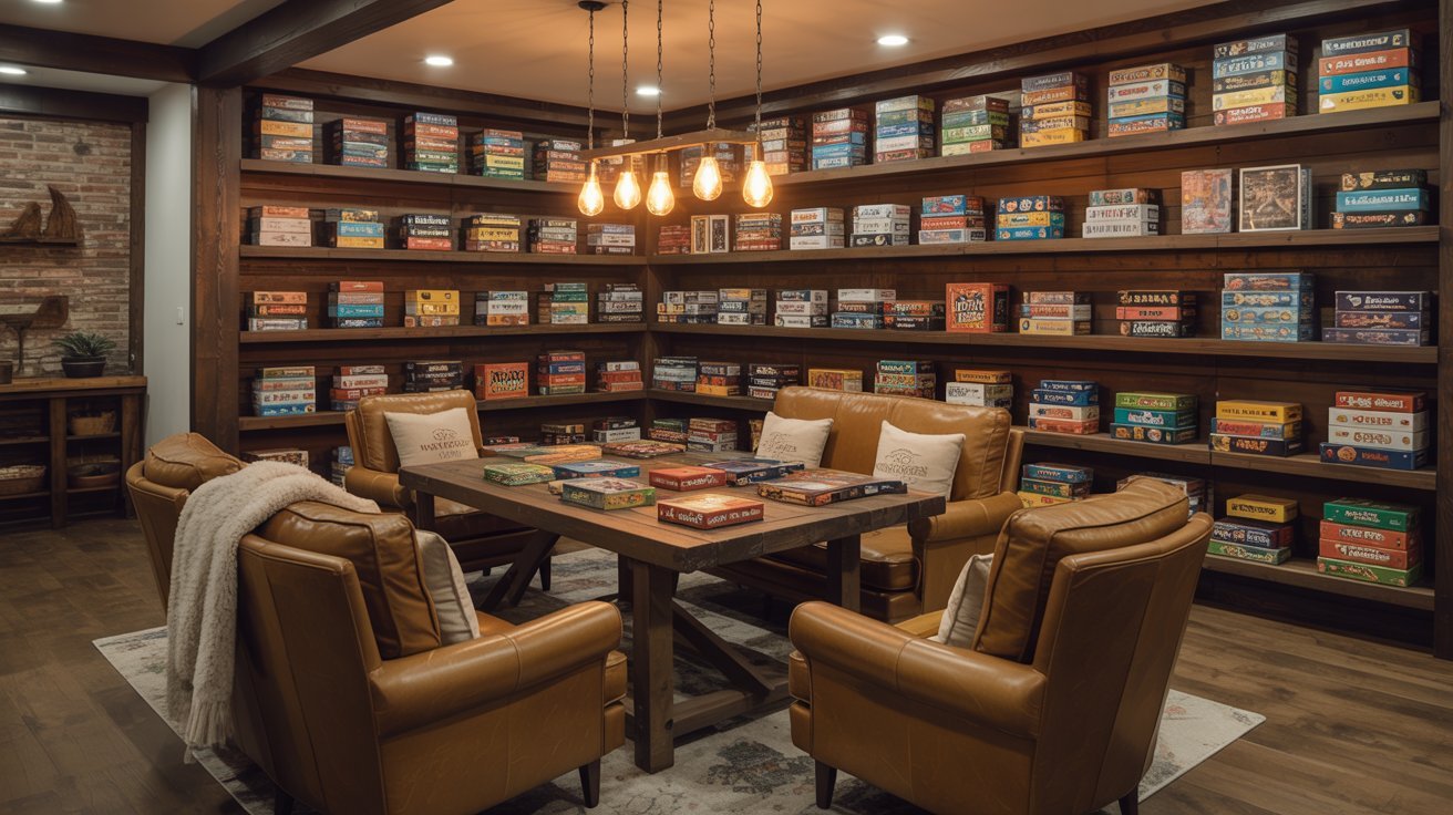 Cozy basement game area with large table, comfortable seating, shelving, and warm inviting atmosphere.