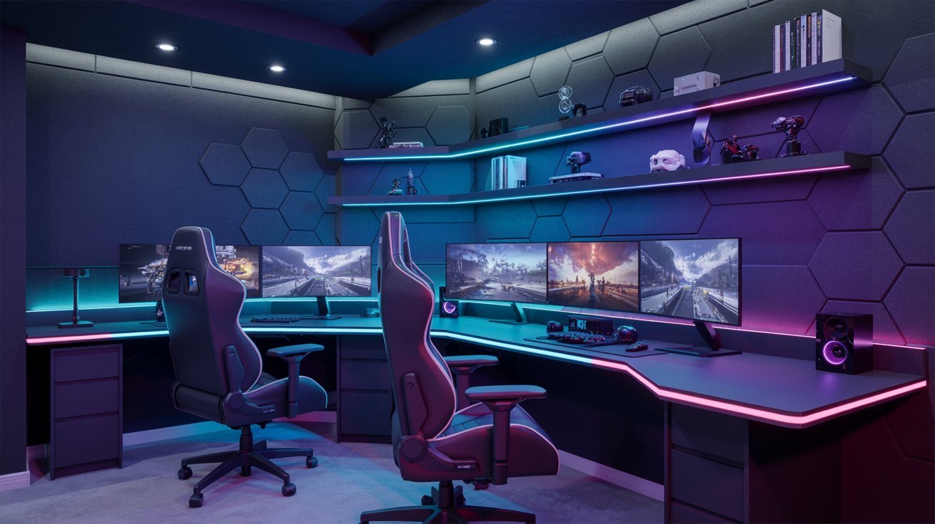 "Modern basement gaming room with RGB lighting, multi-monitor setup, gaming chairs, and futuristic entertainment design."