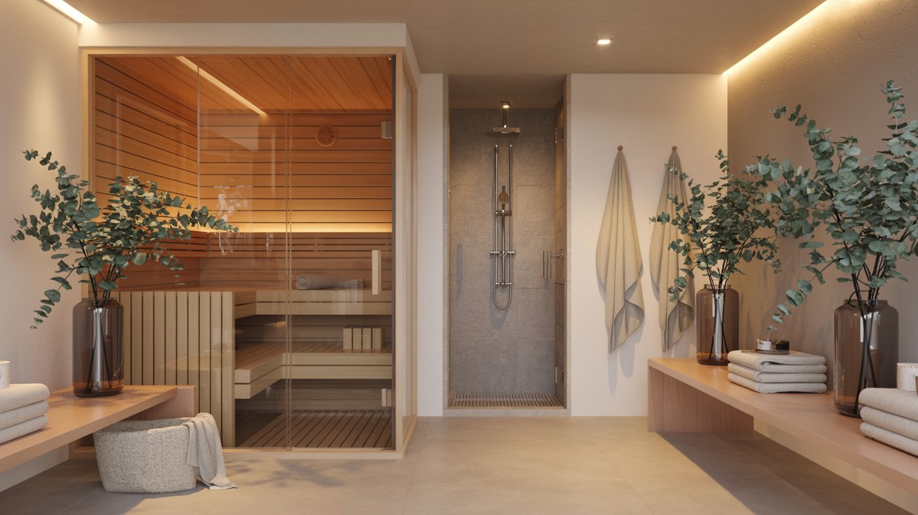 Relaxing spa-inspired basement with sauna, steam shower, soft lighting, and calming neutral decor