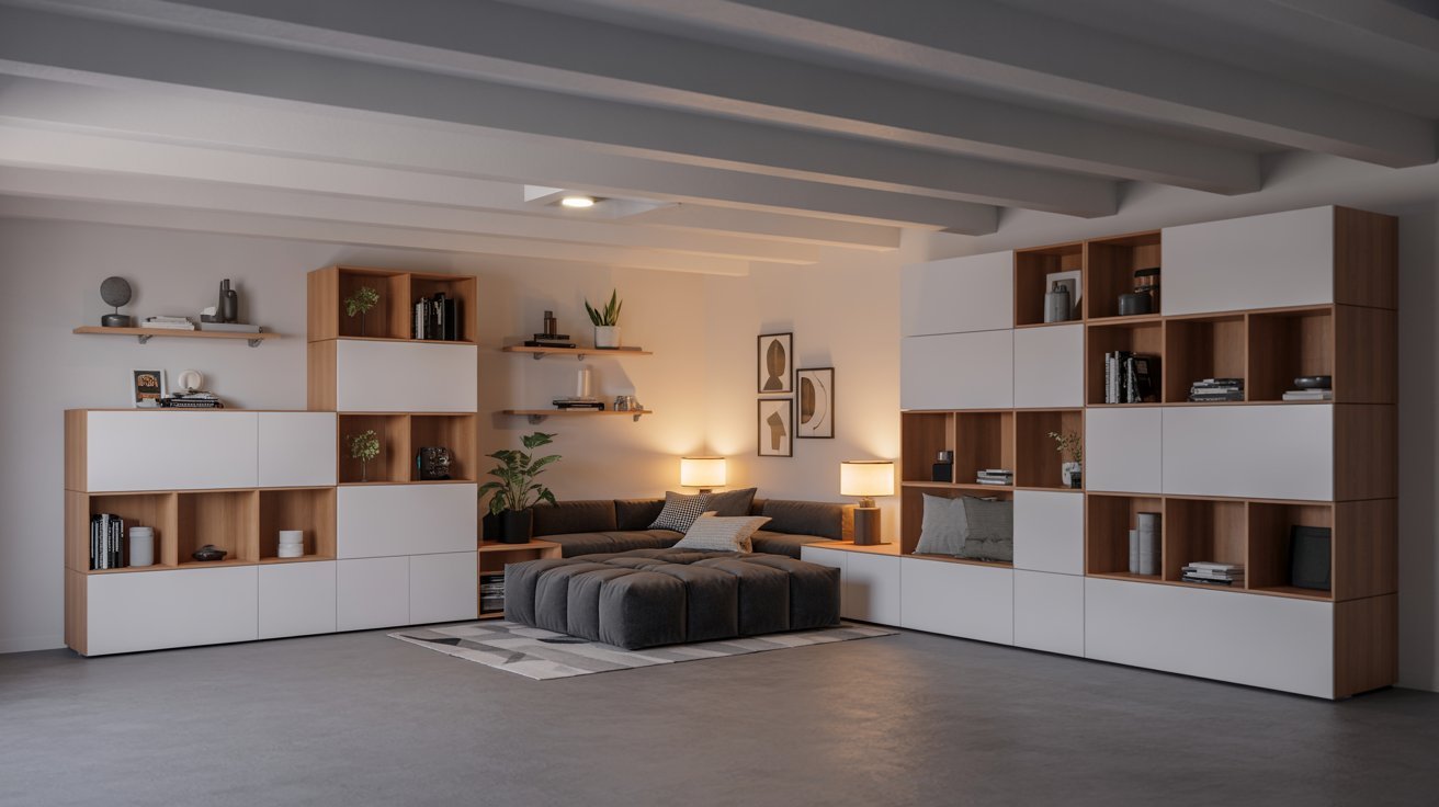 Basement with modular storage units, organized layout, warm lighting, and affordable modern interior design