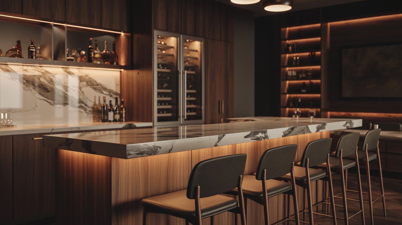 Elegant basement bar lounge with marble counters, bar stools, and sophisticated ambient lighting