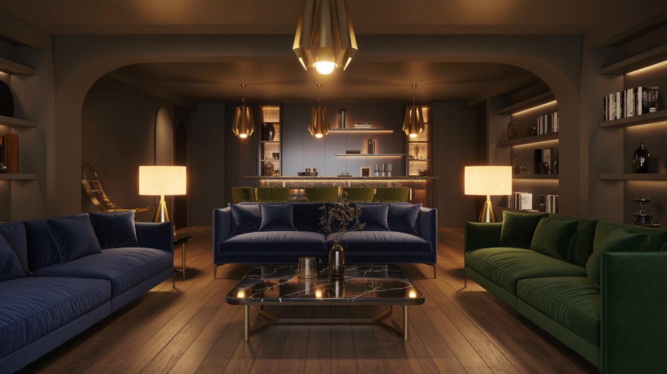 "Luxury modern basement lounge with velvet seating, brass accents, layered lighting, and contemporary design."