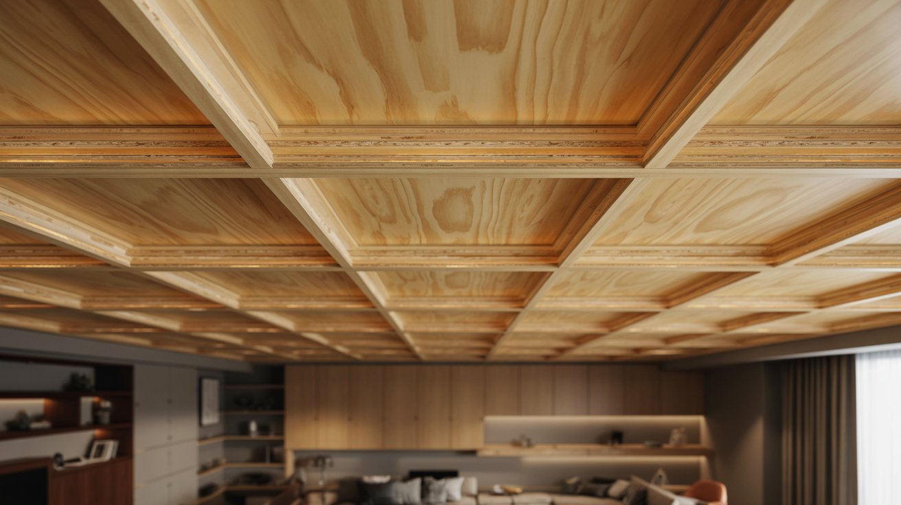 Light plywood panels framed with wood trim in a square grid ceiling design