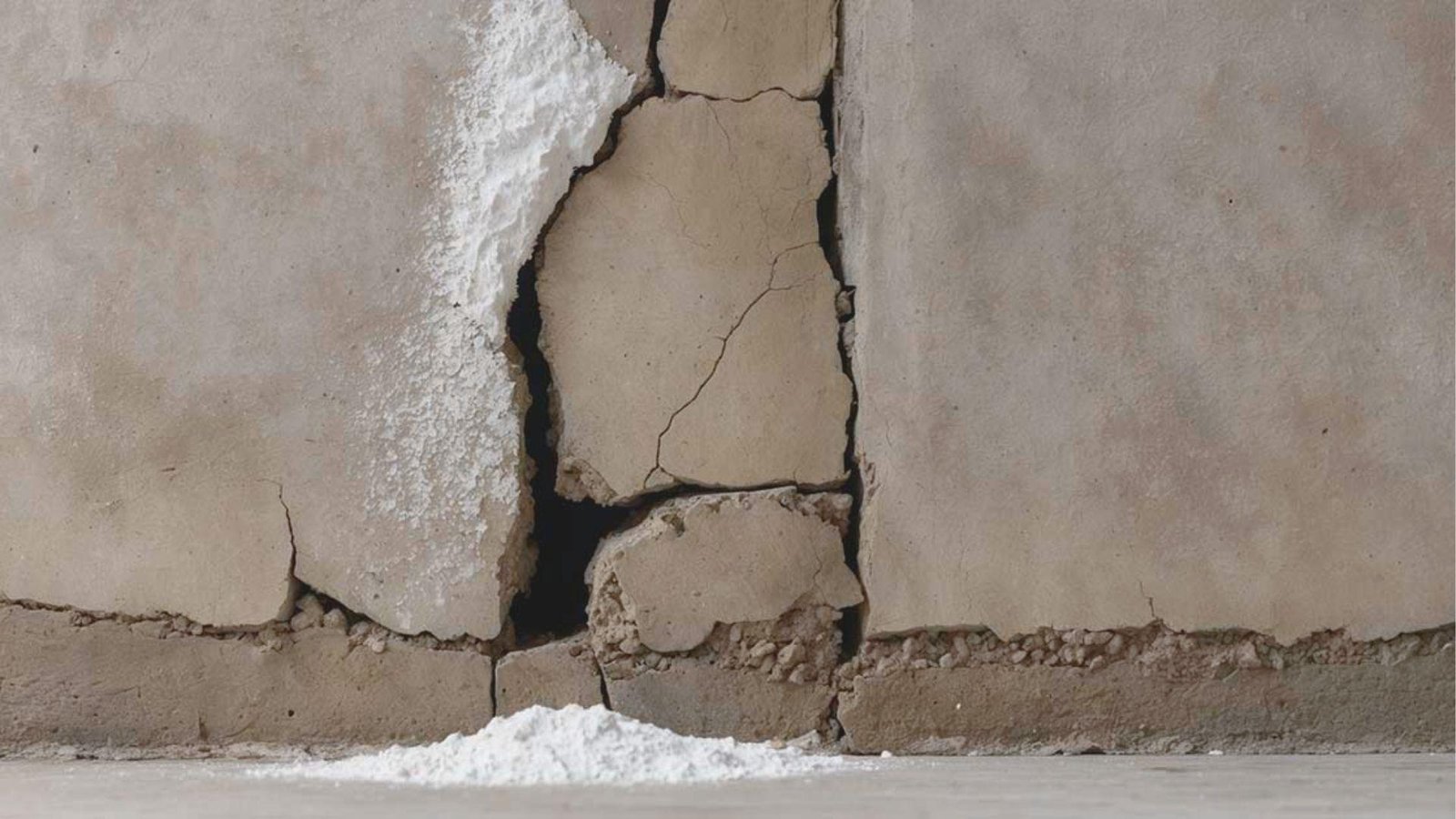 Severely crumbled basement wall with large chunks missing and white repair powder piled on the floor below.