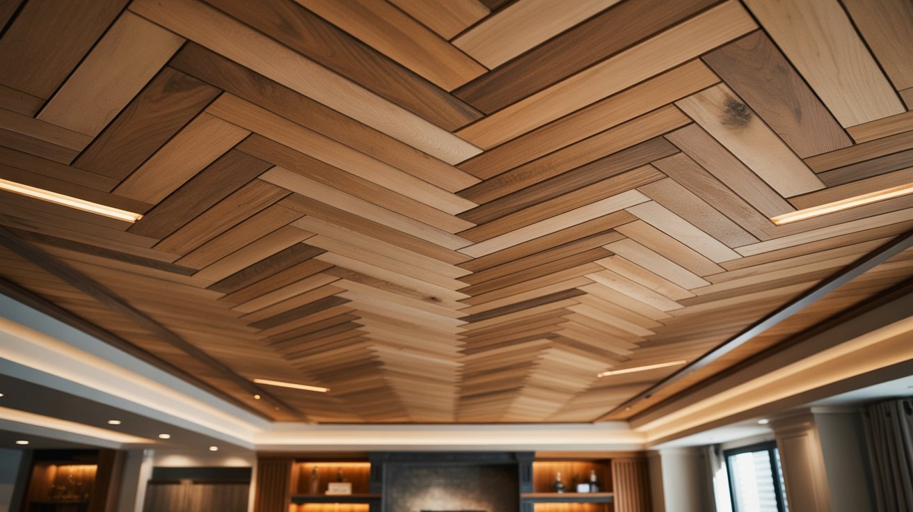 Drop ceiling grid with alternating white and faux-concrete tiles and square LED lights in a basement.