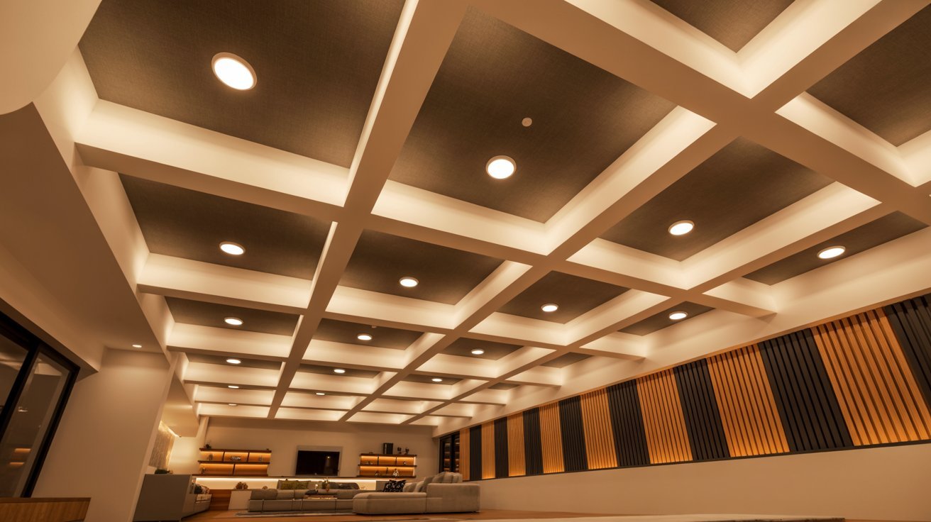 Coffered basement ceiling with white grid beams, dark fabric panels, and round LED lights over a modern media room.