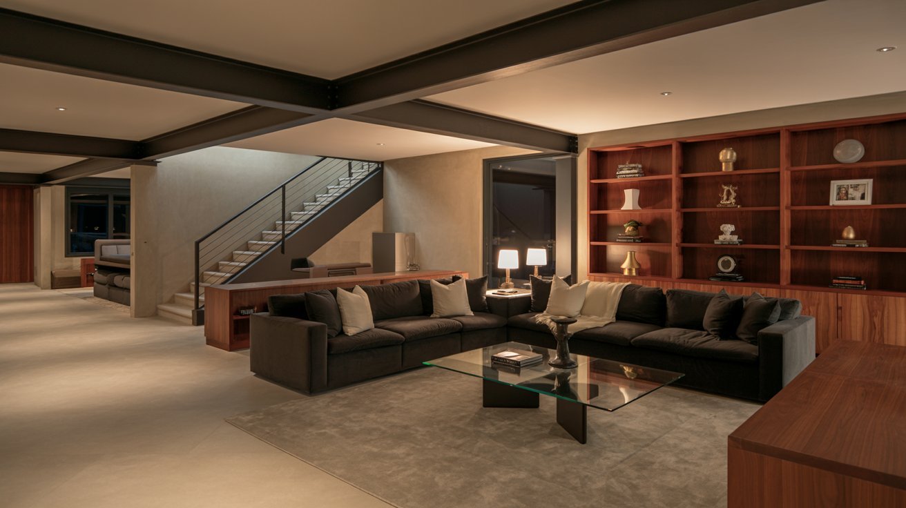 "Modern finished basement with stylish contemporary design, cozy seating area, ambient lighting, and multifunctional living space."