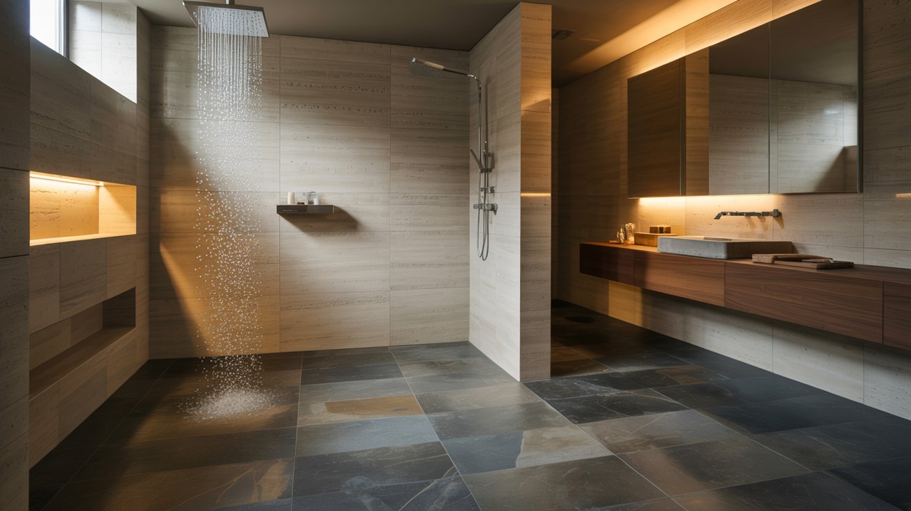 "Luxury spa-inspired basement bathroom with rainfall shower, stone tile, heated floors, and soft ambient lighting."