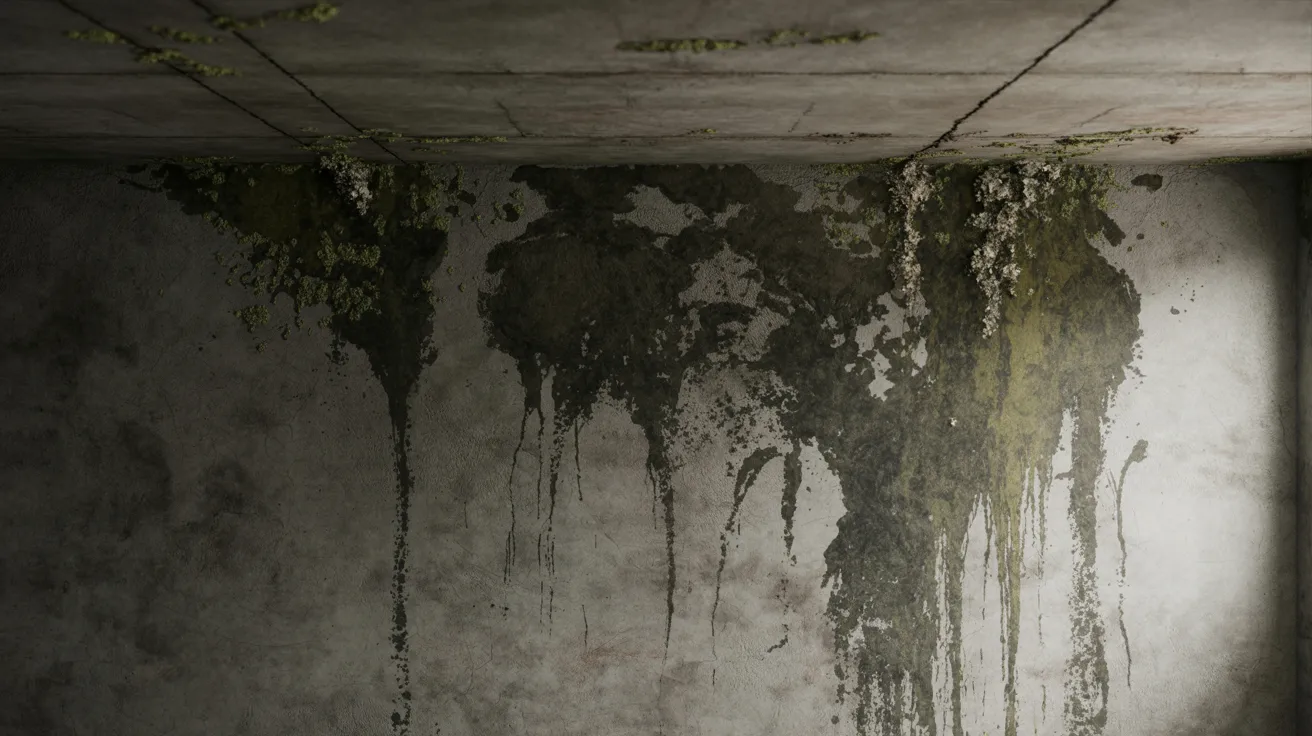 Basement wall with visible mold and moisture damage in damp conditions.