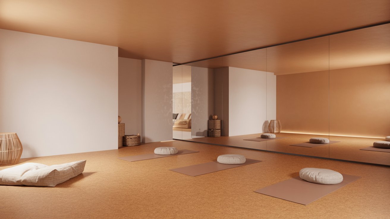 "Modern basement yoga and meditation studio with cork flooring, soft lighting, and calm minimalist design."