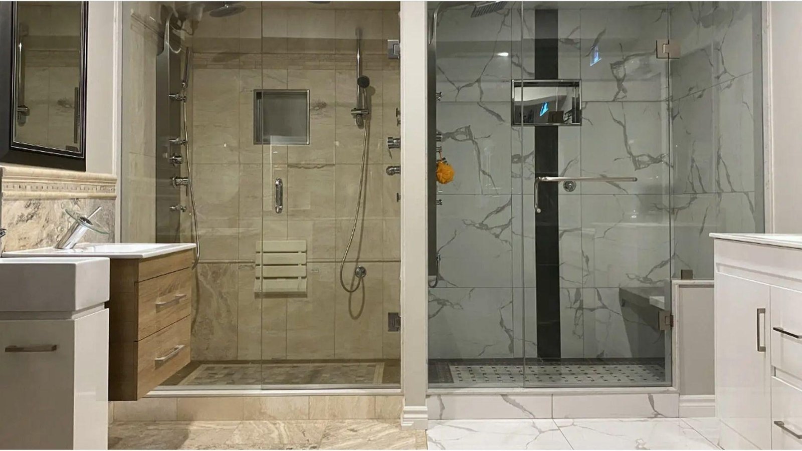 Two finished basement bathrooms with glass showers and tile walls