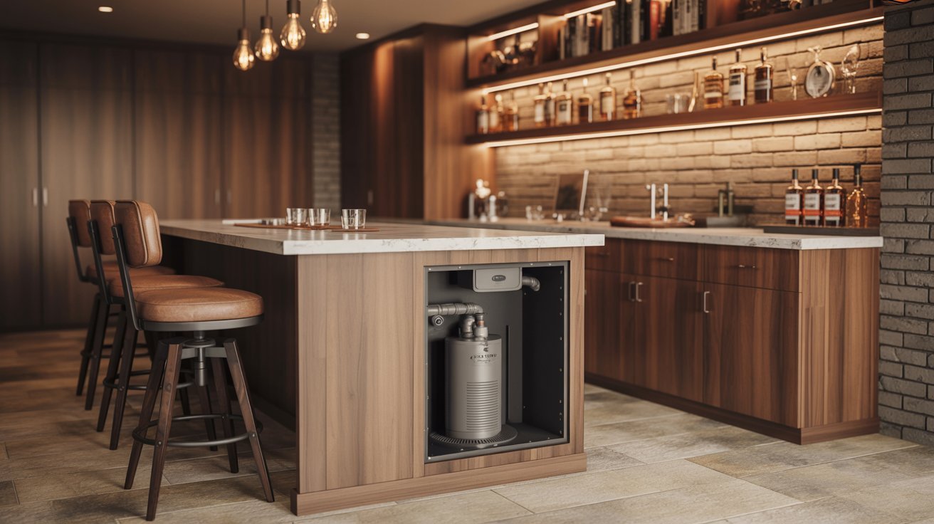 Conceal basement sump pump inside kitchen island cutout with bar stools and warm wood cabinetry