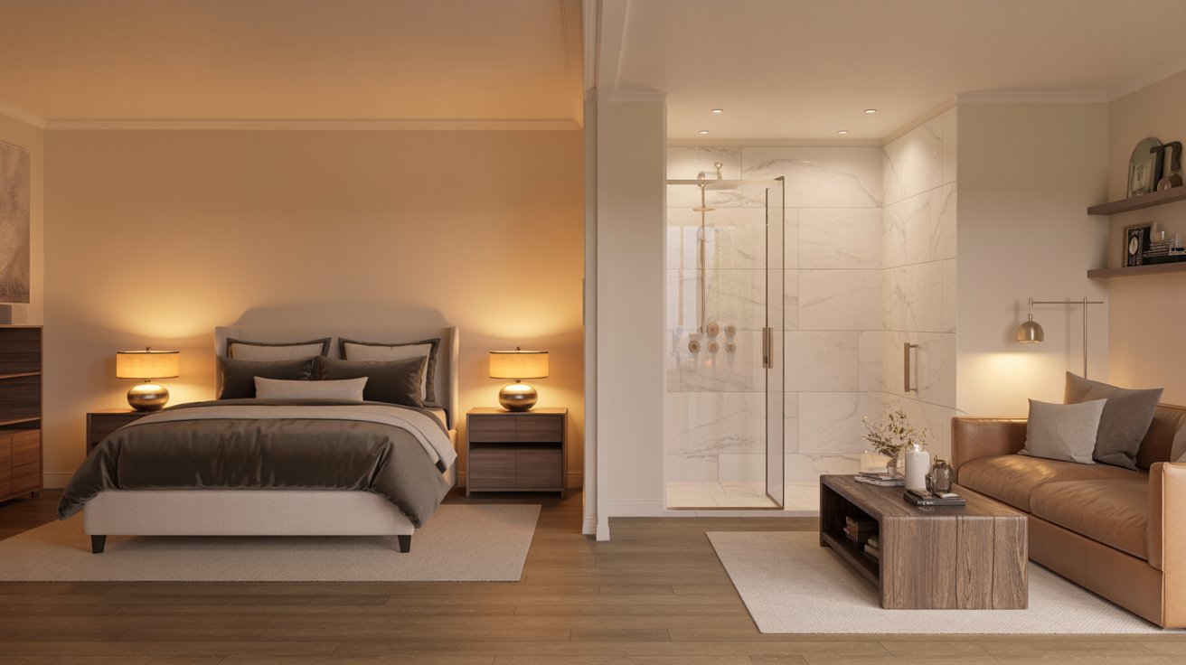 Basement guest suite with bedroom, bathroom, seating area, and comfortable private living space design.