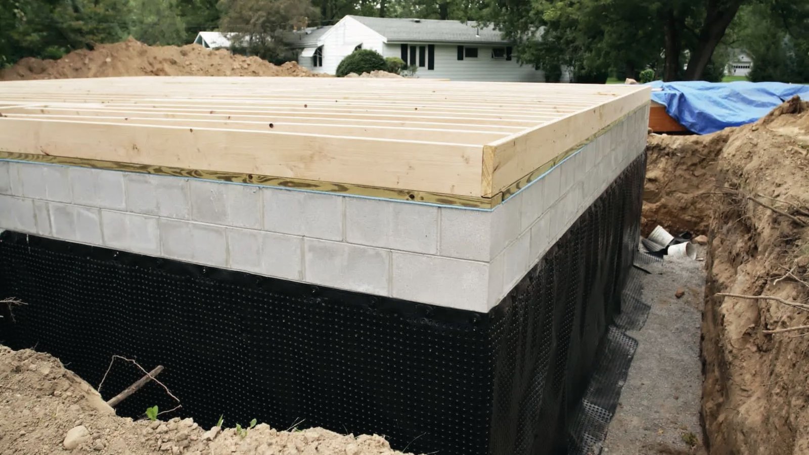 Exterior basement foundation with black dimpled waterproofing membrane installed before backfilling soil