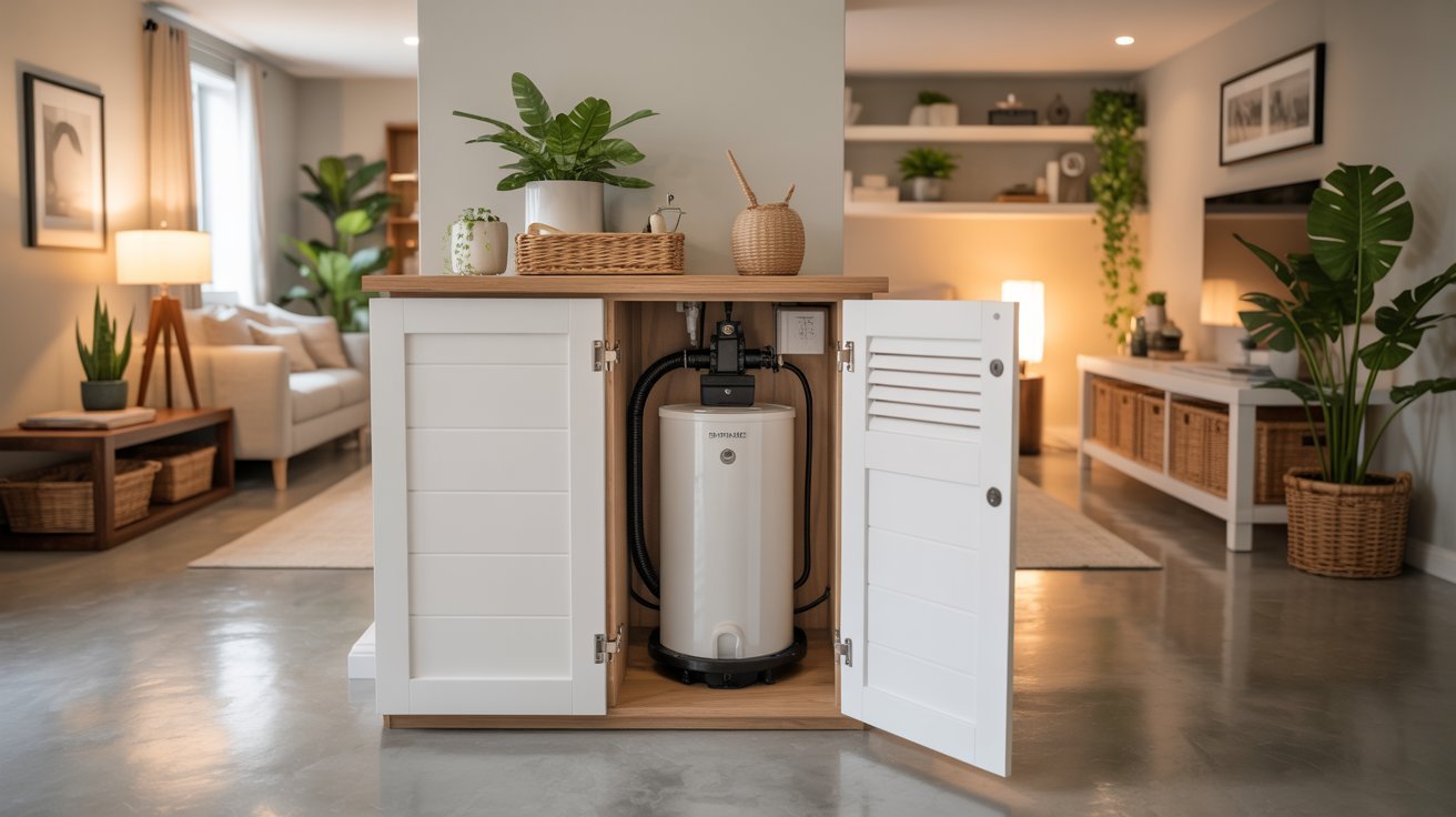 Freestanding louvered cabinet hides basement sump pump and adds functional storage to living area