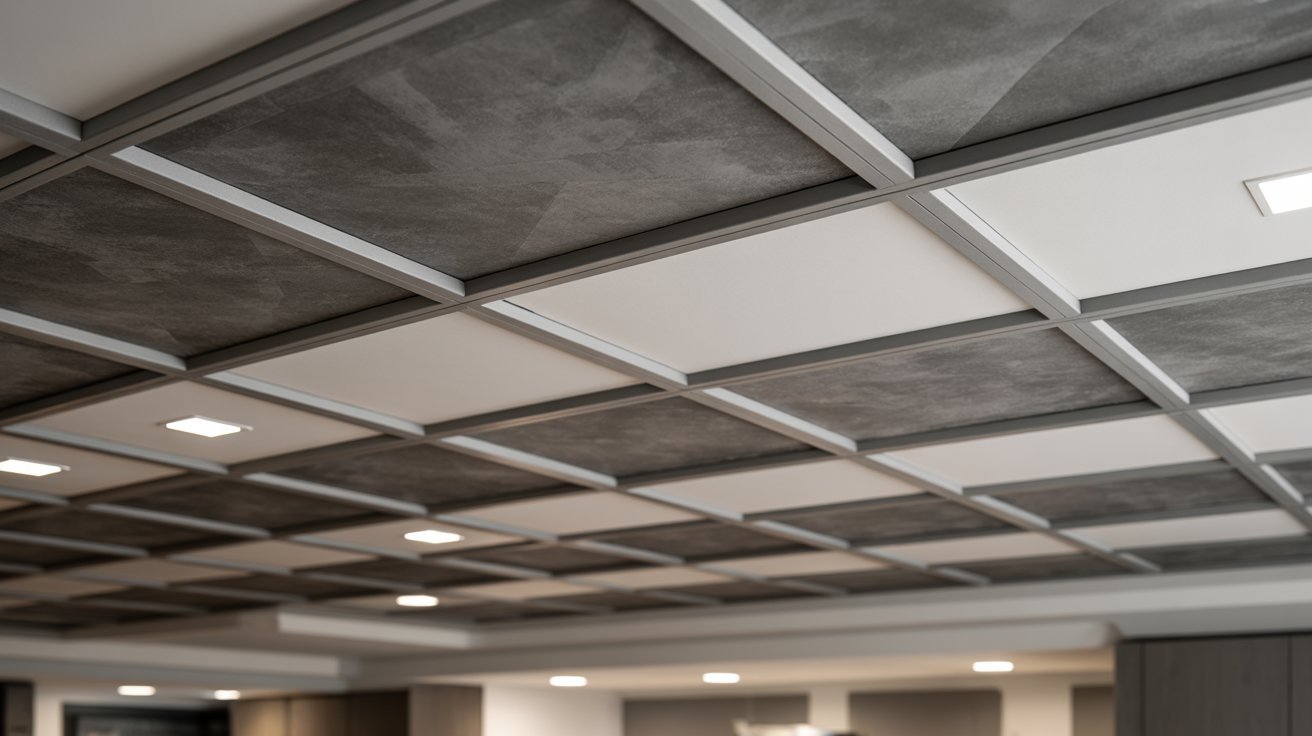 Drop ceiling grid with alternating white and faux-concrete tiles and square LED lights in a basement