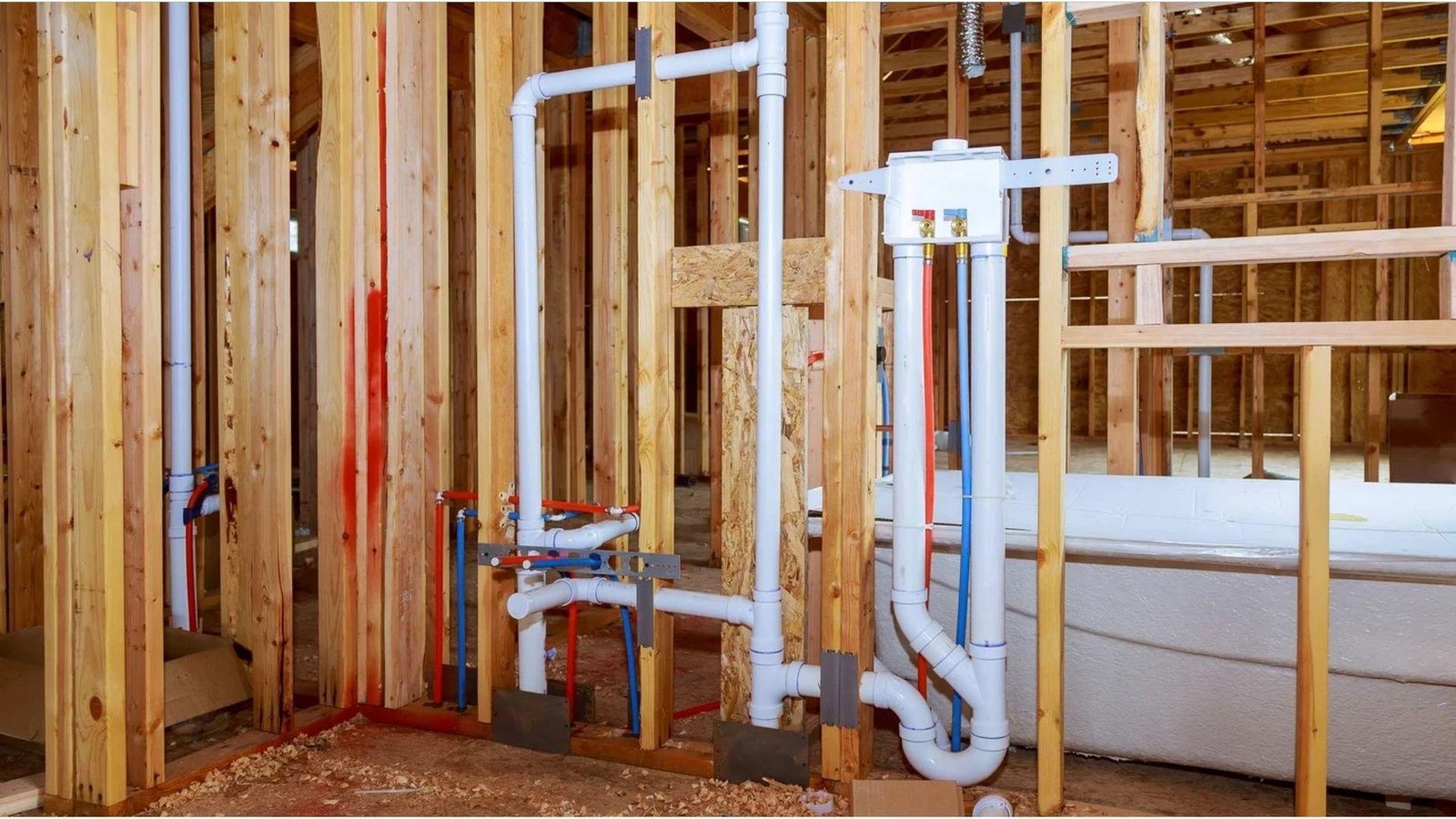 Basement bathroom plumbing rough-in with PVC pipes and PEX lines