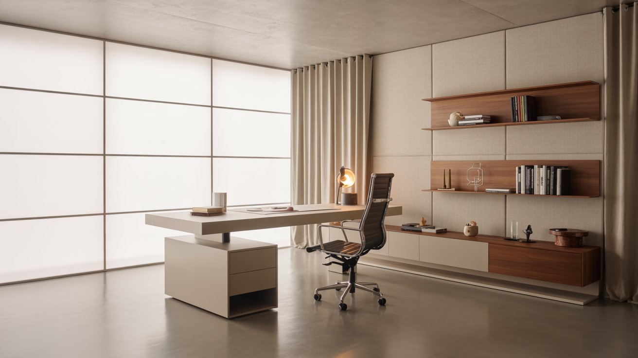 "Modern basement office with daylight-style LED lighting, minimalist desk setup, acoustic panels, and contemporary workspace design."