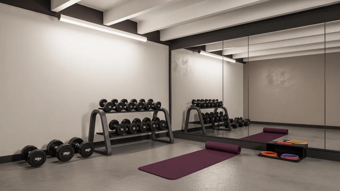 Realistic compact basement gym with equipment, mirror wall, and organized fitness training space.