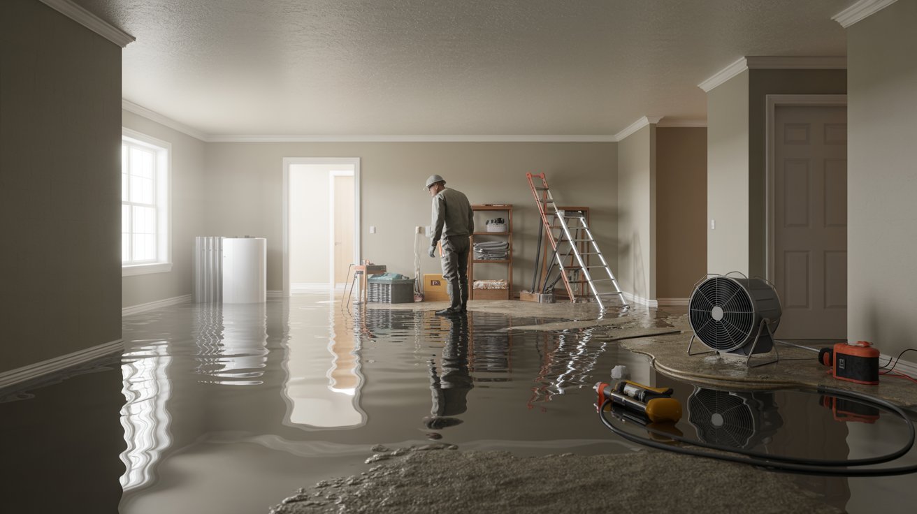 Flooded basement with water damage, repair equipment, contractors inspecting walls, and drying tools inside home.