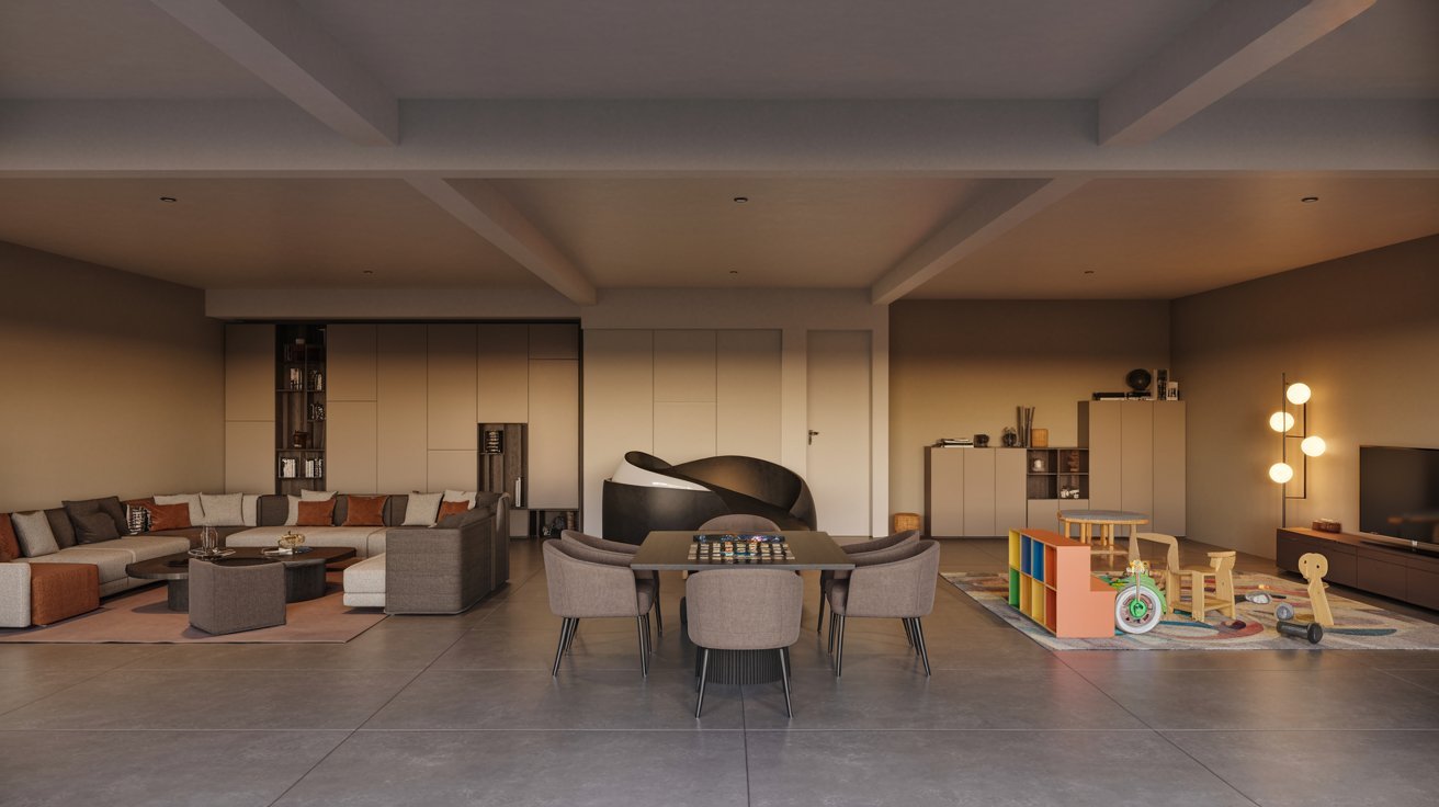 "Modern family basement with flexible seating, game table area, and kids play corner in a contemporary design."