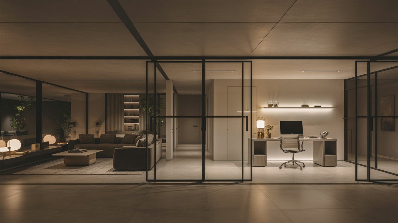 "Modern basement with glass partition dividers, open layout, and stylish multifunctional contemporary design."