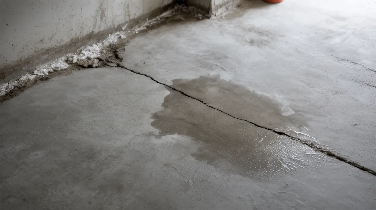 Basement floor showing mild moisture and crack conditions affecting repair cost.