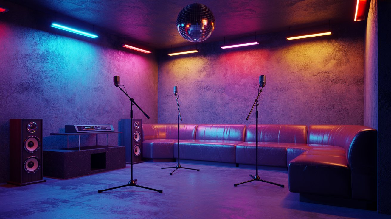 Fun karaoke basement with disco lighting, microphones, open dance space, and party entertainment setup