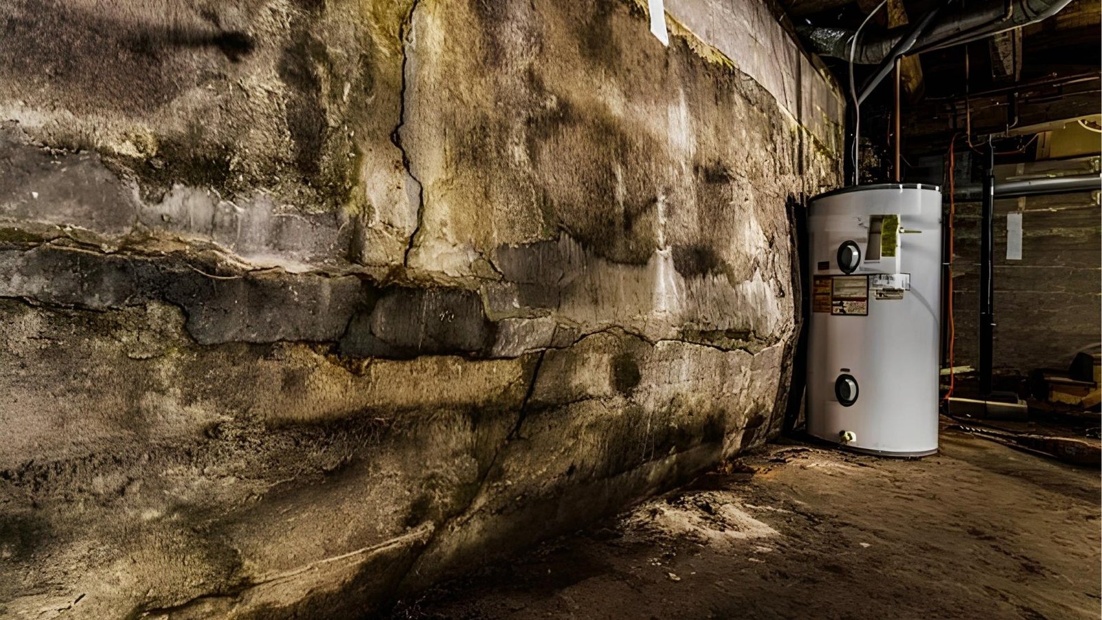 Heavily bowed concrete basement wall with extensive cracking, water stains, and efflorescence beside white water heater on dirt floor.