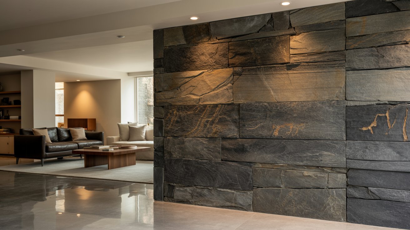 "Modern basement with stone accent wall, minimalist furniture, and elegant neutral-toned interior design."