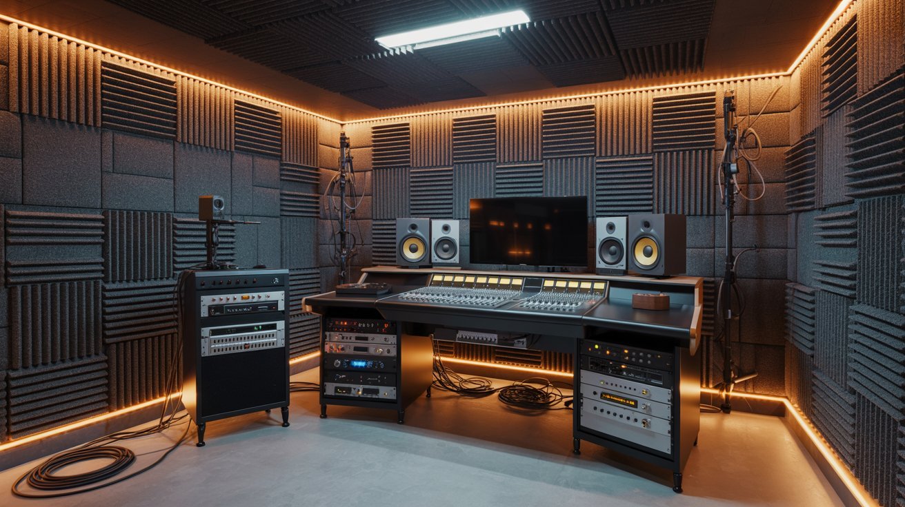 Professional basement music studio with acoustic panels, recording equipment, and creative modern workspace