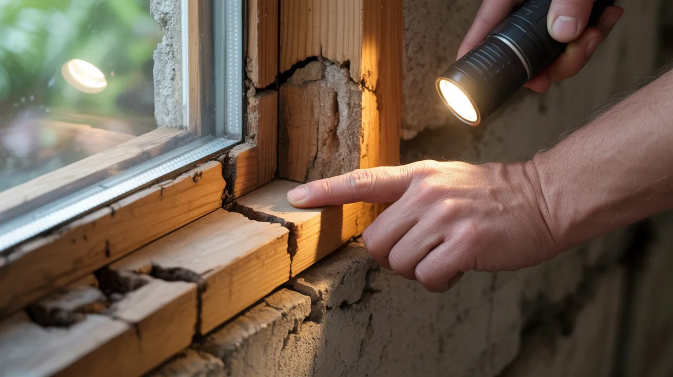 Inspecting basement window frame by checking for rot cracks and air gaps to assess repair needs.