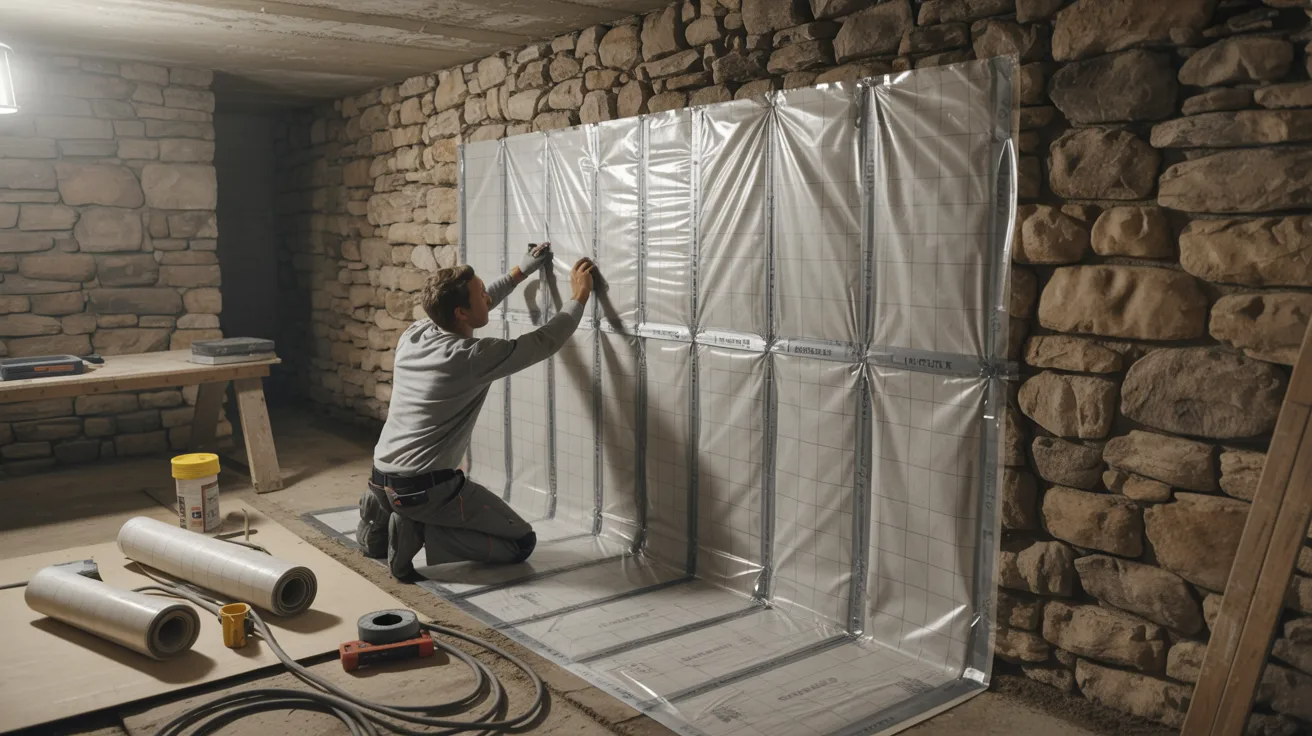 Vapor barrier and wall protection system installation on stone basement walls for extra moisture control.