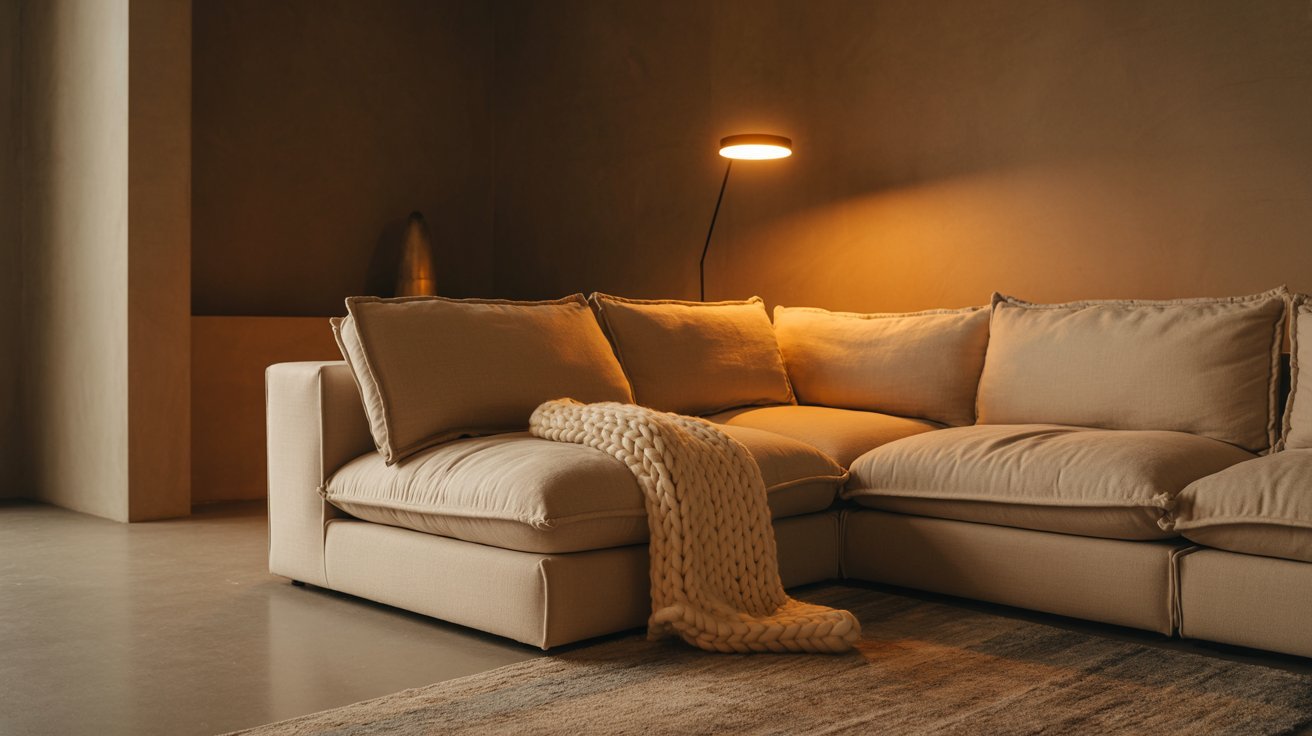 Cozy basement lounge featuring sectional sofa, neutral decor, warm lighting, soft textures, and inviting atmosphere.
