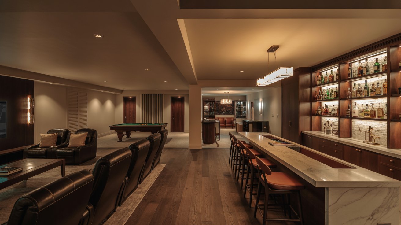 Luxury basement entertainment area with home theater, wet bar, gaming space, and modern seating.