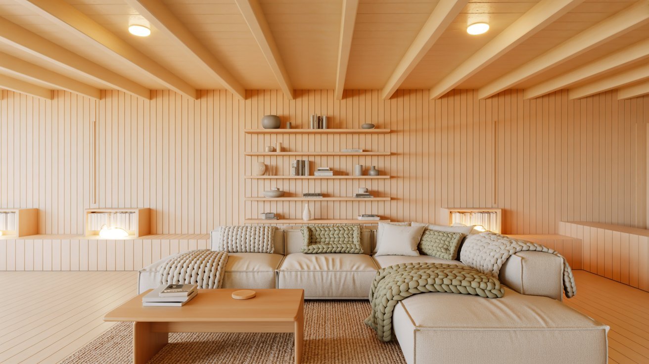 Cozy Scandinavian basement with light wood, soft textures, warm lighting, and neutral modern decor