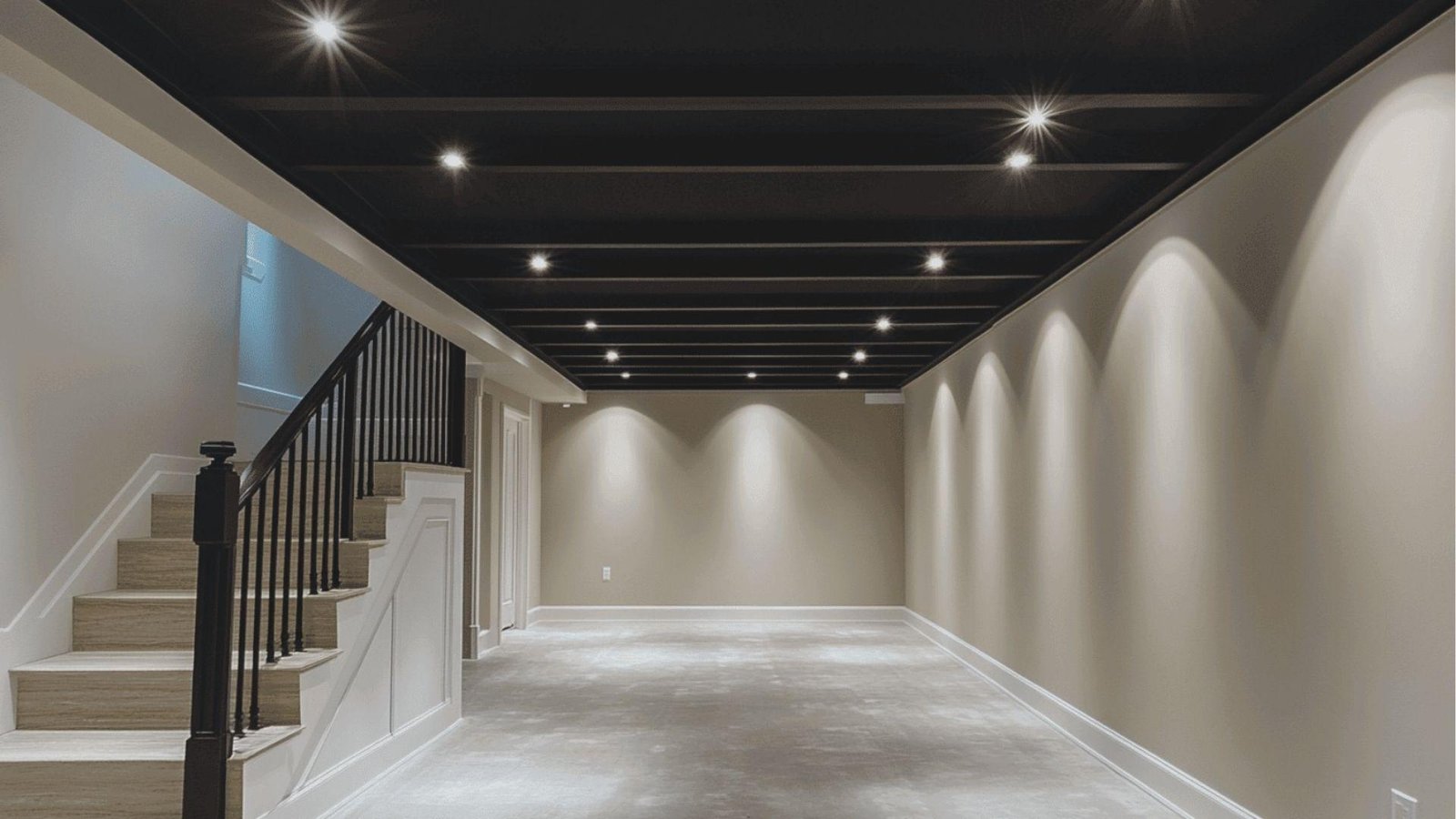 Bright, finished basement hallway with a black-painted ceiling featuring recessed lights arranged in clean rows.