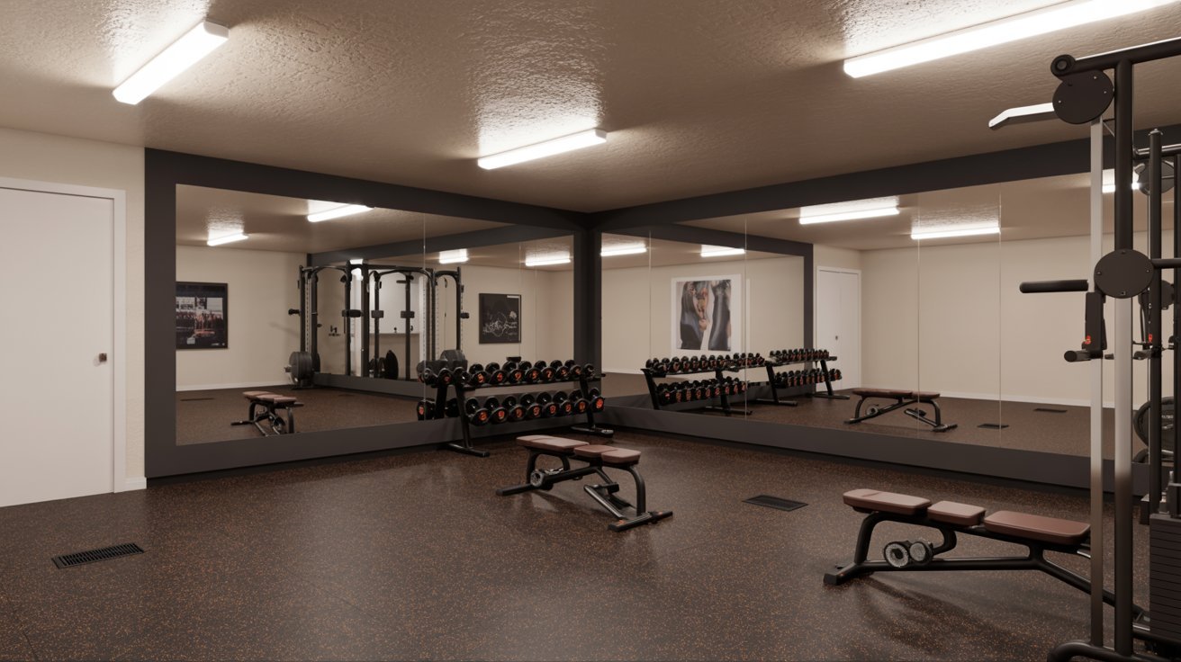 Functional basement home gym with rubber flooring, mirrors, weights, and modern workout equipment